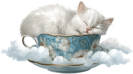 Kitten Sleeping in Teacup, isolated on transparent background