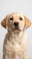 Adorable yellow labrador puppy sitting isolated on white background