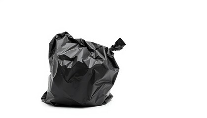 A crumpled black plastic trash bag isolated on a pure white background,   cleanliness,  shadow