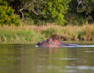 Fototapeta premium Hippopotamus in a river, lush vegetation
