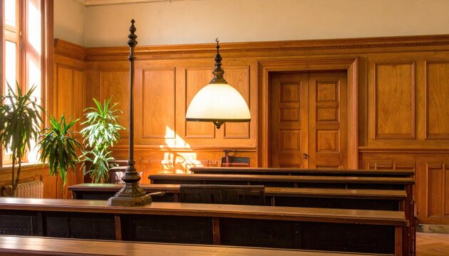 A sunlit, classic courtroom features rich wooden paneling, tiered seating, and an antique lamp. The warm light highlights the textures