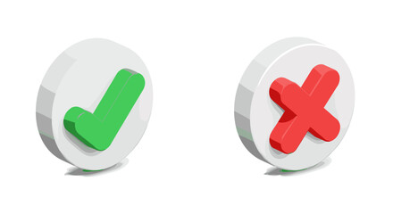 Obraz premium Circular green check and red cross icons on white background for user interface
