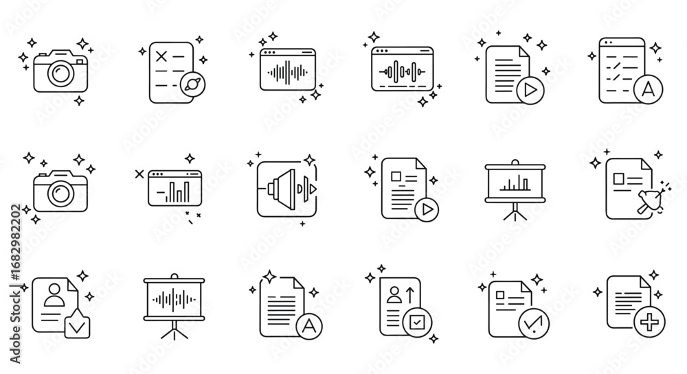 Poster linear line icons of multimedia and office tools for modern applications