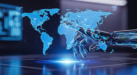 Robotic hand interacting with a digital world map