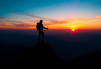 Silhouette of a figure triumphantly standing on a mountain peak at sunrise,  entrepreneur,   victory