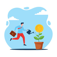 Businessman actively watering a money plant, cultivating financial growth and prosperity.