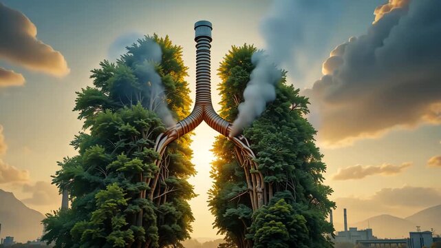 Y-shaped tree structure emitting smoke with green foliage around, merging nature and industrial pipe design. Concept of ecological paradox and future energy