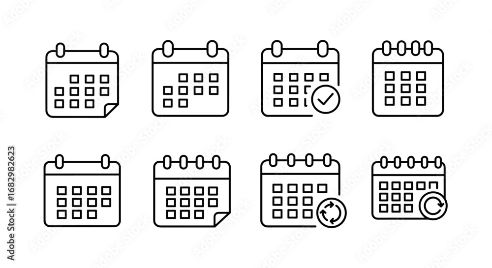 Poster minimalist calendar icons set with date and event symbols in linear style