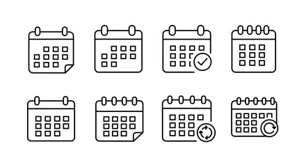 Minimalist calendar icons set with date and event symbols in linear style