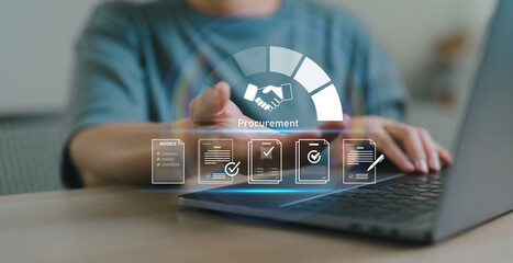 Woman presented procurement process with digital document verification and contract management concept. Businesswoman using laptop for approval, purchasing, invoice and supplier agreement tasks.