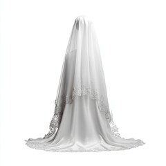 Full-length bridal veil and gown,  back view,  white.  Lacy details.  Silky fabric.  Elegant