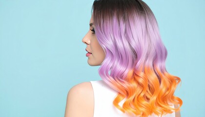 A woman with vividly colored hair (purple, orange, brown) in a stylish gradient, against a pastel blue backdrop, turning her head to the side