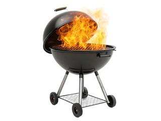 A black barbecue grill with the lid open and flames rising up on a white background studio shot