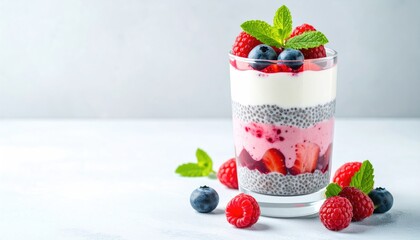A glass parfait with layered berries, chia seeds, strawberry sauce, yogurt and mint on a white surface