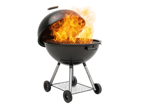 A black barbecue grill with the lid open and flames rising up on a white background studio shot