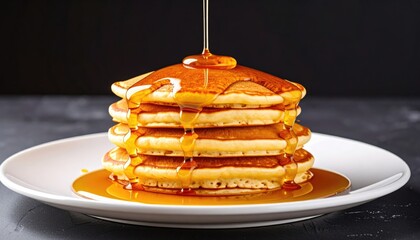 A stack of golden pancakes on a white plate is drizzled with amber maple syrup against a dark backdrop