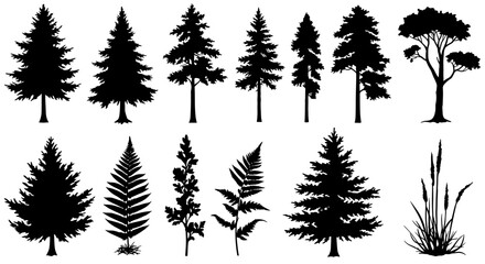Collection of tree and plant silhouettes featuring diverse shapes and styles
