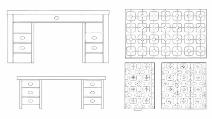 Illustration of a desk with drawers and patterned surfaces, rendered in a simple line drawing style