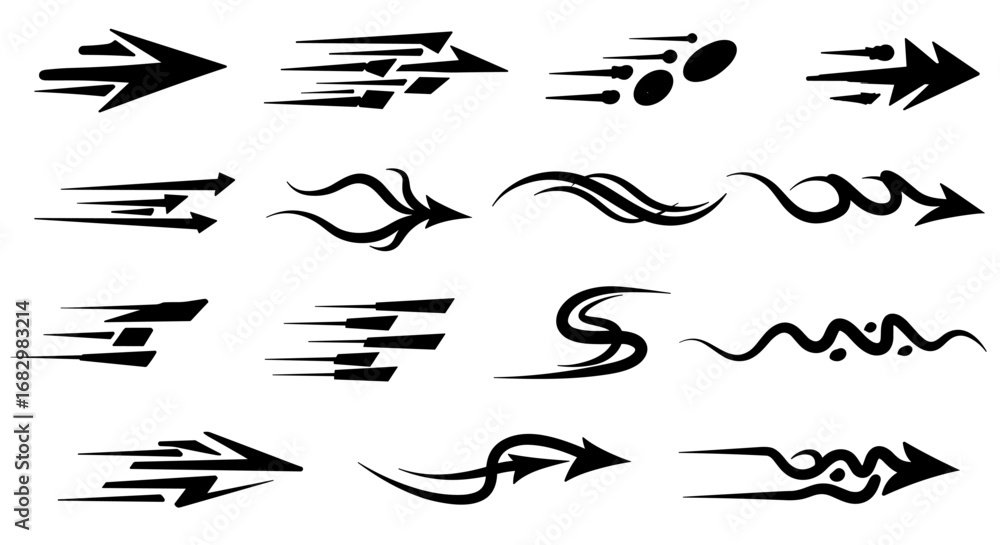 Poster dynamic arrows and swirls set for speed and motion design projects