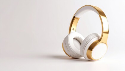 White headphones with gold accents on a white surface. Crisp focus highlights the sleek design with padding. Soft shadows