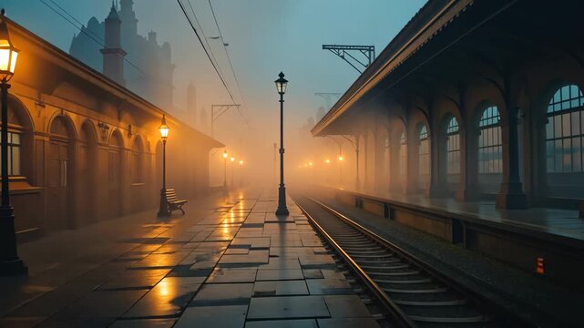 Empty train platform with vintage lampposts in warm foggy light, reflecting on wet tiles, distant rails vanish into mist. Mysterious concept of solitude and anticipation