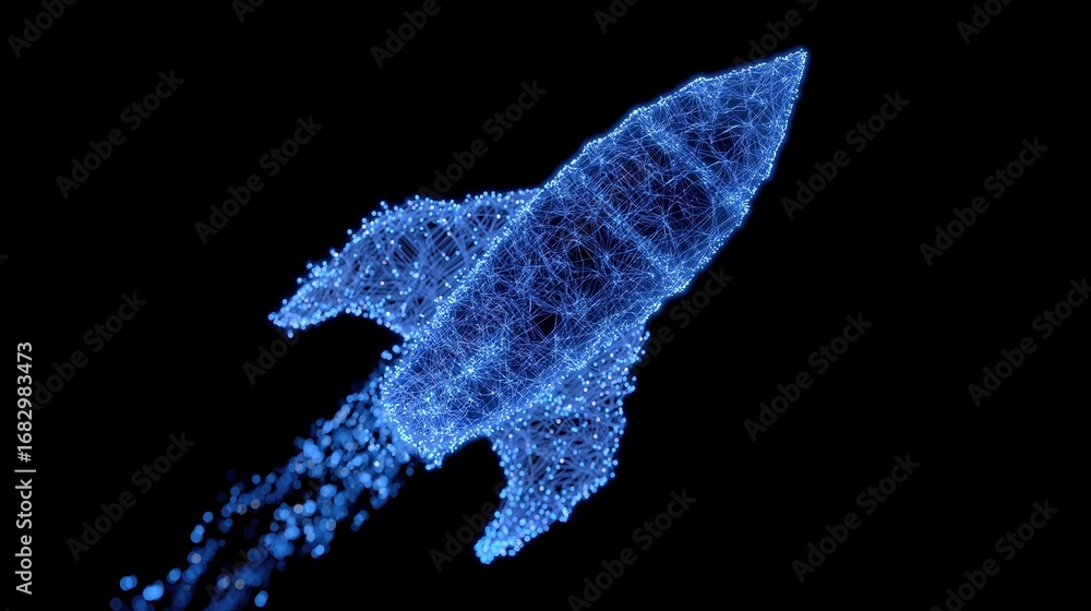 Poster boosting neon space rocket on black background illustration 3d render. idea of travel through deep s
