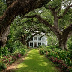 Obraz premium A grand white house nestled beneath a canopy of ancient oaks. Lush gardens flank a well-maintained path