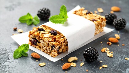 Two homemade granola bars wrapped in parchment paper, garnished with fresh mint and blackberries, sit on a textured gray surface with scattered nuts