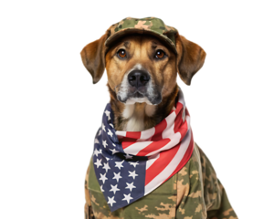 Dog wearing camouflage hat and shirt with american flag bandana against white background studio shot