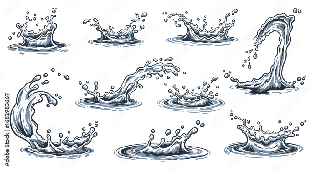 Poster dynamic water splashes with sketch style illustrations of waves and droplets