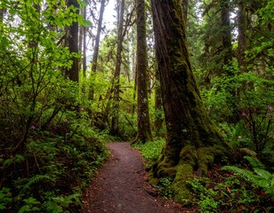 Obraz premium Lush forest path through mossy trees