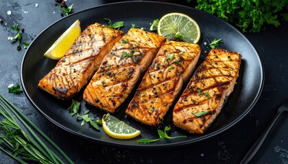Grilled salmon fillets with grill marks on a black plate, garnished with lime and herbs, set against a dark backdrop