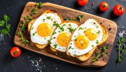 Three fried eggs on toast rest on a wooden board with herbs and tomatoes scattered around, against a dark textured background