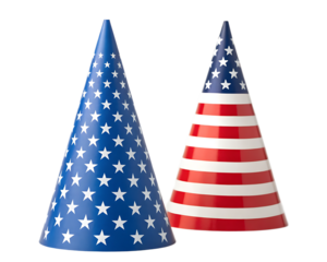 Two patriotic party hats with stars and stripes on a white background in a studio setting