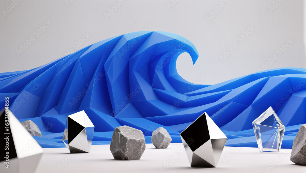 Poster dynamic blue wave with geometric shapes on a minimalist background