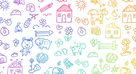 Whimsical rainbow doodle pattern with houses and animals on white background