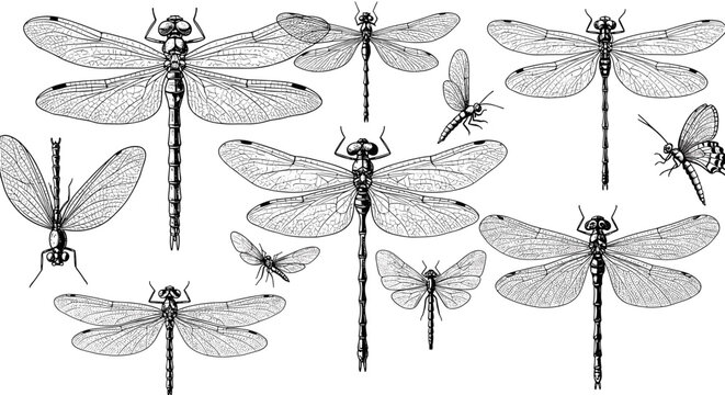 Intricate black and white dragonfly and moth designs