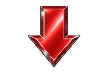 Shiny red metallic arrow pointing downwards, isolated on transparent background, ideal for web design and user interfaces