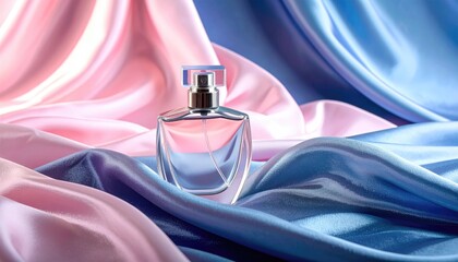 A glass perfume bottle sits on smooth, draped pink and blue fabric, bathed in soft light. Luxurious and elegant composition