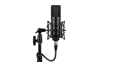 Black microphone on a black stand on transparent background