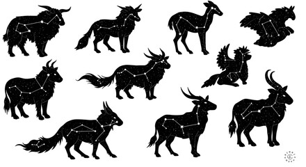 Mythical animal silhouettes with starry constellations