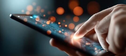 Man Using Advanced Technology Device for Communication and Data Analysis in a Futuristic Setting