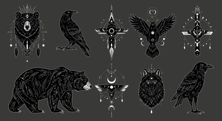 Fototapeta premium Mystical animal designs with geometric and celestial elements on dark background