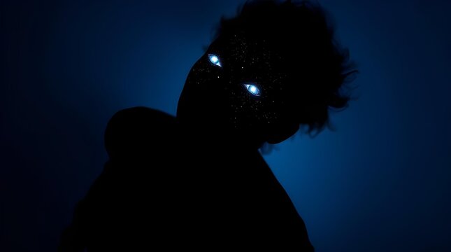 Silhouette with glowing starry eyes in deep blue darkness &mdash; The dark side of a person, metaphor of inner stress, loneliness, anger, and hidden depression