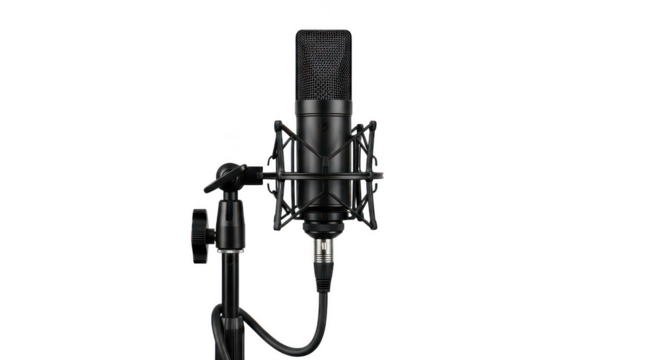 Black microphone on a black stand on transparent background