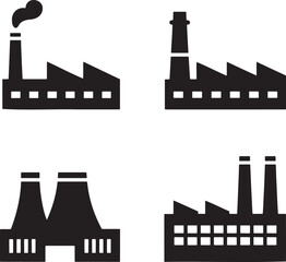 Obraz premium Set of Industrial Factory Silhouette Icons – Black Vector Buildings with Smoke Stacks