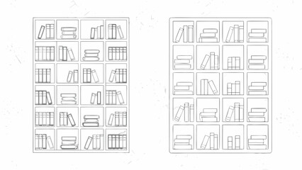 Illustration of two bookshelves filled with books and stacks of paper in a simple line drawing style art