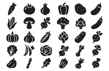 a set of black and white vegetable icons. Vector on a gray background