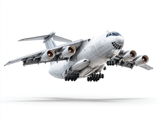 A large, military-style cargo airplane is depicted in mid-flight against a plain white background.