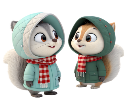 Two cartoon squirrels wearing winter coats and scarves standing side by side smiling at the viewer